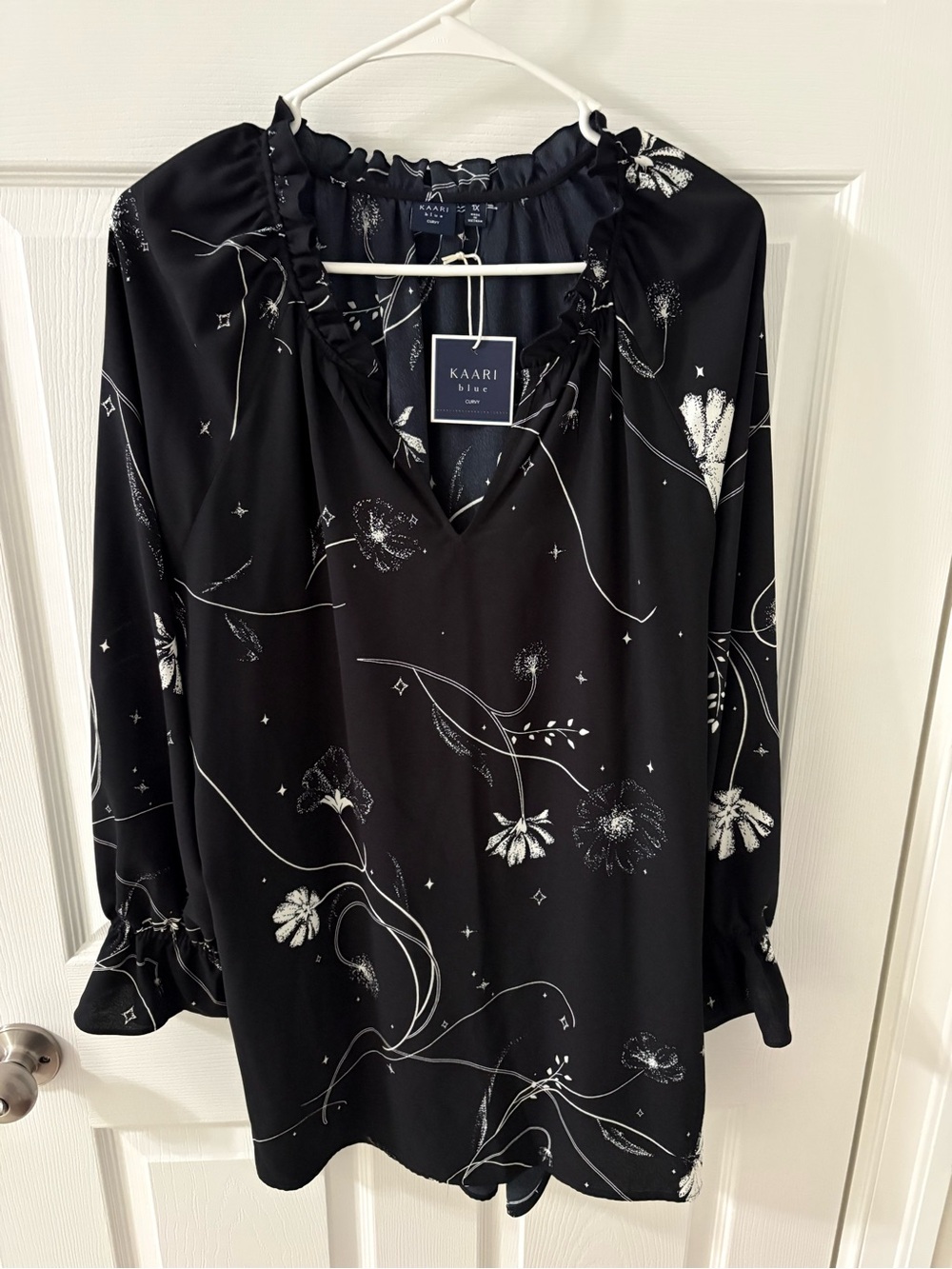 Kaari Blue Black Floral Ruffle V-Neck Tunic